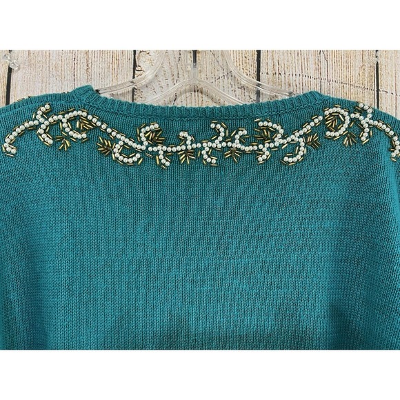 Vtg 90s Teal Beaded Knit Sweater Sz M Pearl Sequin Embellished Y2K Soft Glam - Picture 6 of 8